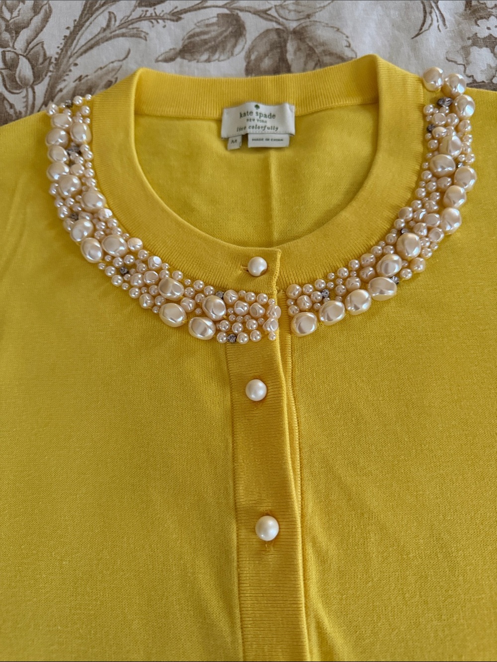 kate spade Yellow Pearl-Embellished Button Cardigan Medium